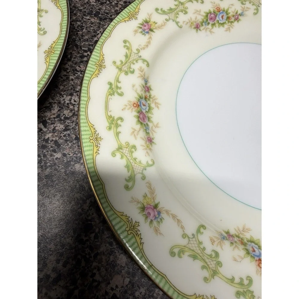 1930s Noritake Marlene Dinner Plates Set of 2 Green Floral Gold Japan Vintage